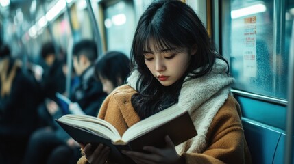 Young woman engrossed in a book during her commute on a busy subway train