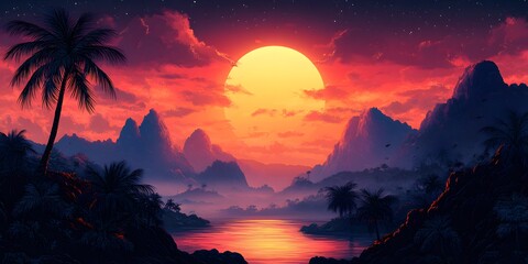 Tropical Sunset Serenity: An evocative, artistic scene unfolds as the sun sets over a tropical landscape, with silhouetted palm trees and majestic mountains reflecting in the tranquil waters.