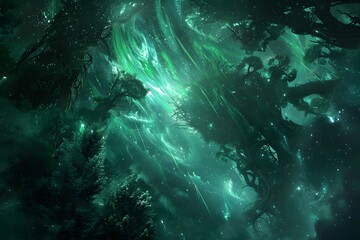 Abstract Emerald Green Nebula Space Background with Stars and Clouds