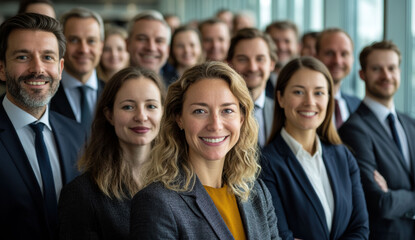 Obraz premium A diverse business team poses in a modern workplace, symbolizing collaboration and corporate excellence.