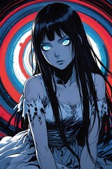 A dark, eerie illustration of a girl with glowing blue eyes, wearing a vintage white dress, surrounded by swirling blue patterns.