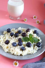 Bowl with Oatmeal Blueberries and Marshmallows on Pink Background