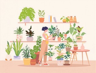 A woman is tending to a plant nursery with many different types of plants