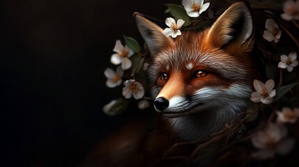 Obraz premium Portrait of a Majestic Fox Adorned with Delicate White Blossoms
