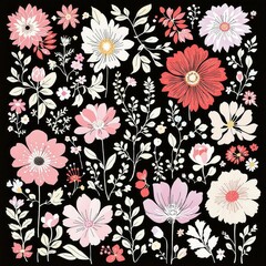 Fototapeta premium A black and white floral pattern with pink and white flowers