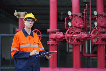 Male engineer inspects water pipelines in the engineering system area of the factory outside where various pipelines are designed modernly. Technicians work in the industry.