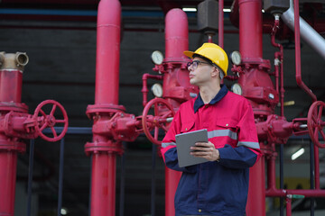 Male engineer inspects water pipelines in the engineering system area of the factory outside where various pipelines are designed modernly. Technicians work in the industry.