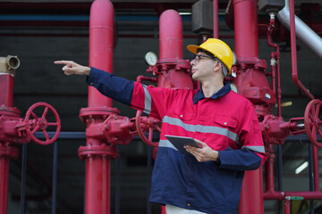 Male engineer inspects water pipelines in the engineering system area of the factory outside where...