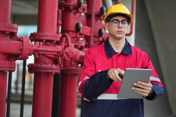 Male engineer inspects water pipelines in the engineering system area of the factory outside where various pipelines are designed modernly. Technicians work in the industry.