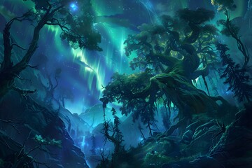 Obraz premium Fantasy Forest with Aurora Borealis, Enchanted Woods, Magical Landscape, Northern Lights
