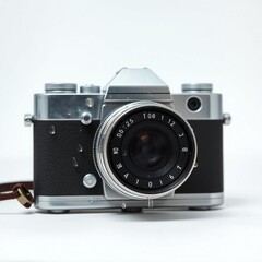 *"A close-up shot of a vintage camera with a black body and silver accents. The camera is positioned with the lens facing directly at the viewer, highlighting the intricate details of the lens and the