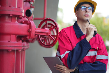 Male engineer inspects water pipelines in the engineering system area of the factory outside where various pipelines are designed modernly. Technicians work in the industry.