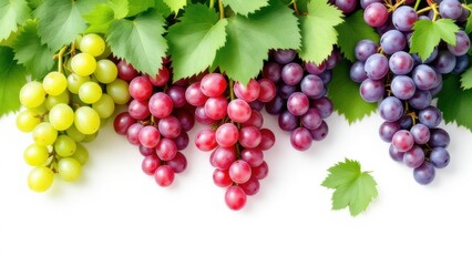 Obraz premium A bunch of grapes with leaves hanging on a white background