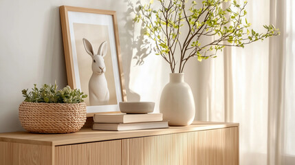 Spring-themed living room with Easter decor and natural elements