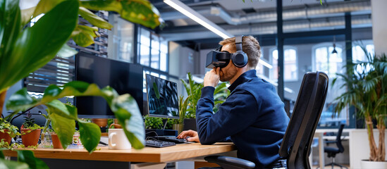 Man working in a modern office surrounded by green plants, using vr headset and computer