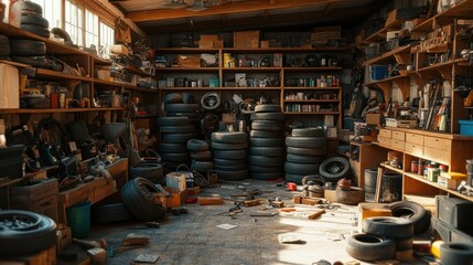 Cluttered workshop filled with tires and tools