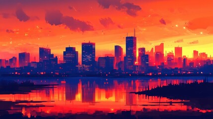 Fototapeta premium A vibrant stylized cityscape reflecting in the tranquil water below