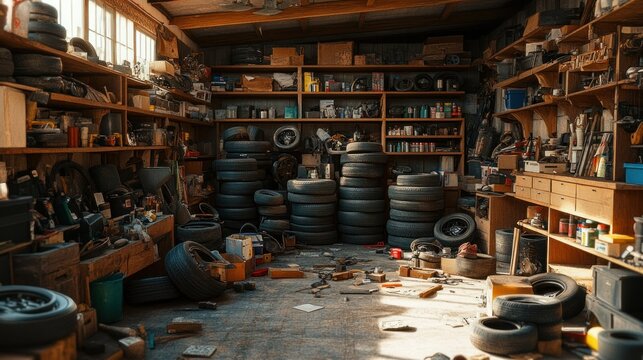 Cluttered workshop filled with tires and tools