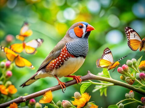 Vibrant Zebra Finch on Branch in Lush Green Butterfly Garden - Ukraine Exhibition