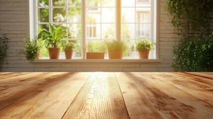 Fototapeta premium Rustic wooden table set against a bright window allowing natural light to illuminate a cozy and inviting space