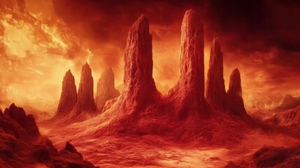 Dramatic landscape of red rock formations beneath an orange sky