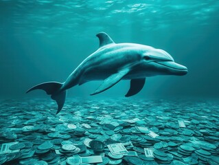 Naklejka premium Dolphin swimming in a sea of coins and credit cards, fun underwater theme