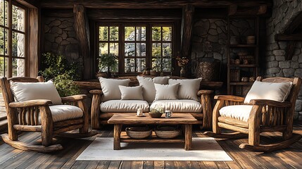 Fototapeta premium Warm and inviting rustic wood sofa with cushions high resolution picture