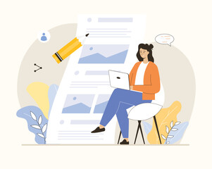 Copywriting, blogging, storytelling, content marketing strategy. Copywriter creating content for social media. Flat vector illustration.