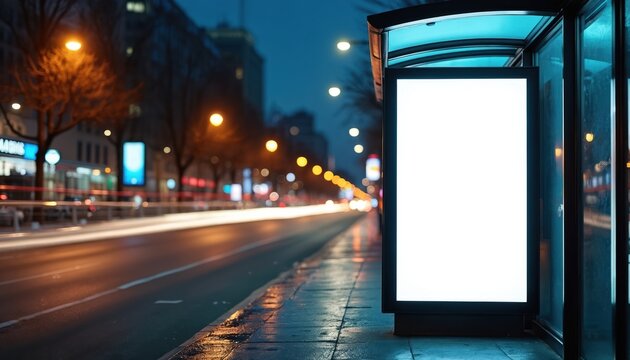 Advertising billboard with blank canvas on bus shelter, citylight on public transport stop. Mockup ad banner, commercial template on street. Night urban advertisement concept.