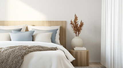 Modern bedroom design with sculptural lamp and muted accents