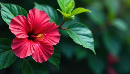 Fototapeta premium Bold hibiscus blooms in vibrant colors, exotic leaves, tropical vibe , texture, exotic, floral