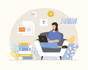 Copywriting concept. Woman writing texts, interesting content and promotion. Making valuable content and working as freelancer. Flat vector illustration.