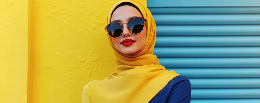 modern colorful stylish outfit photoshoot of a muslim hijab woman in dynamic shot happy and positive for modest trendy arab women fashion as wide banner with copysapce area. Generative AI