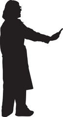 vector; silhouette of side view of a standing happy woman taking a selfie