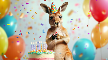 Kangaroo Birthday Celebration. Kangaroo wearing a party hat surrounded by balloons and cake.