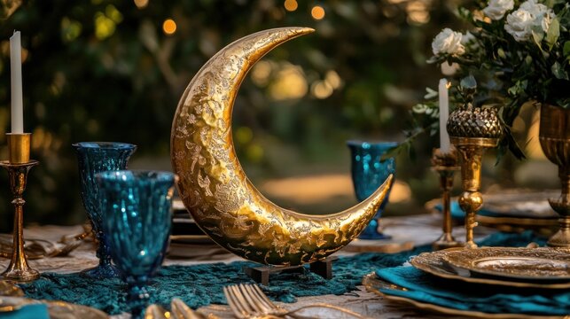 Elegantly Decorated Table Featuring a Golden Crescent Moon Centerpiece and Festive Details - Powered by Adobe