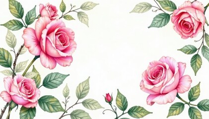 Delicate watercolor roses, intertwined leaves, soft pastel hues, summer, pretty
