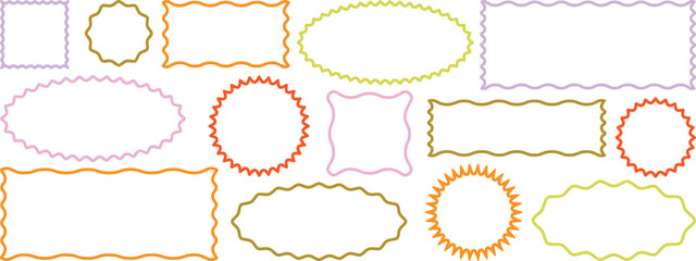 Wave and curvy borders. Squiggle frames set. Cloudy wave frame. Wavy scalloped doodle drawn style for decoration. Outline Rectangle frames with wavy edge. Rectangular curved line shape. Vector set