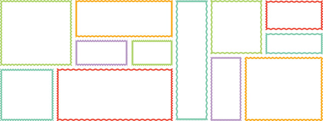 Wave and curvy borders. Squiggle frames set. Cloudy wave frame. Wavy scalloped doodle drawn style for decoration. Outline Rectangle frames with wavy edge. Rectangular curved line shape. Vector set