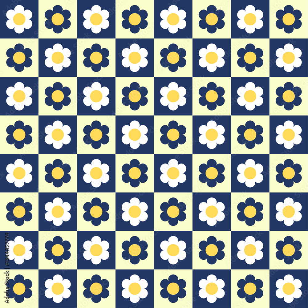 Poster A pattern of daisies arranged in a checkerboard grid. Vector and simple minimalistic pattern.