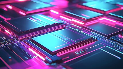High tech circuitry grid computing with abstract pink and blue glowing reflections