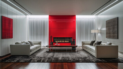 Modern living room interior design featuring red accent wall and fireplace