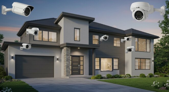 Home Security System with Multiple Cameras - Modern house protected by a comprehensive security system featuring multiple strategically placed security cameras
