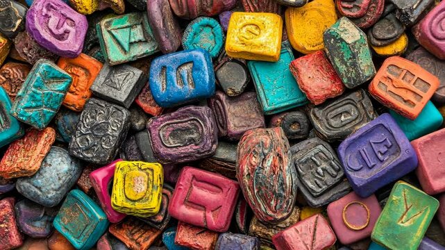 Variety of colorful printing blocks arranged in a vibrant display showcasing multiple letters and designs