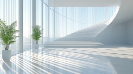 Obraz premium Modern white interior with curved staircase and panoramic windows
