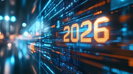 Futuristic digital background with glowing number 2026 and technology grid lines in blue and orange colors creating dynamic perspective effect.
