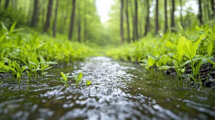 Fototapeta premium Tranquil Stream Flowing Through Lush Green Forest in Springtime