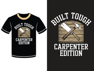 A black t-shirt design featuring crossed tools (saw and hammer) on a wood plank graphic, perfect for carpenters, handymen, or anyone who enjoys the trades