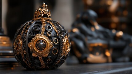 Ornate, black and gold decorative sphere with intricate details
