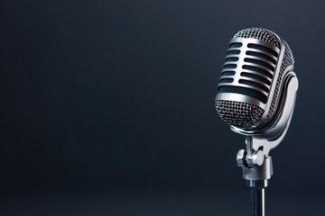 in dimly lit studio capture intricate details of vintage microphone against plain background
